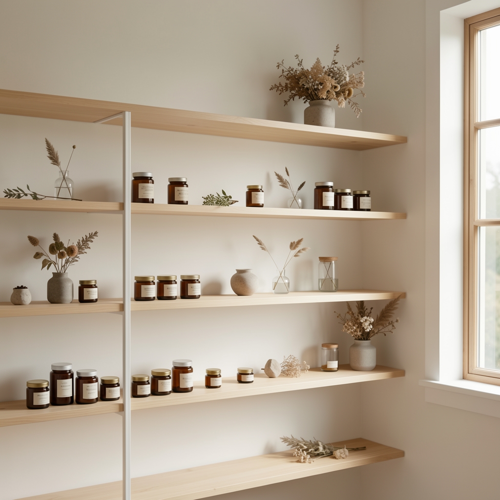 Minimal wellness studio interior with white shelves displaying glass bottles and product jars, warm natural light through tall windows