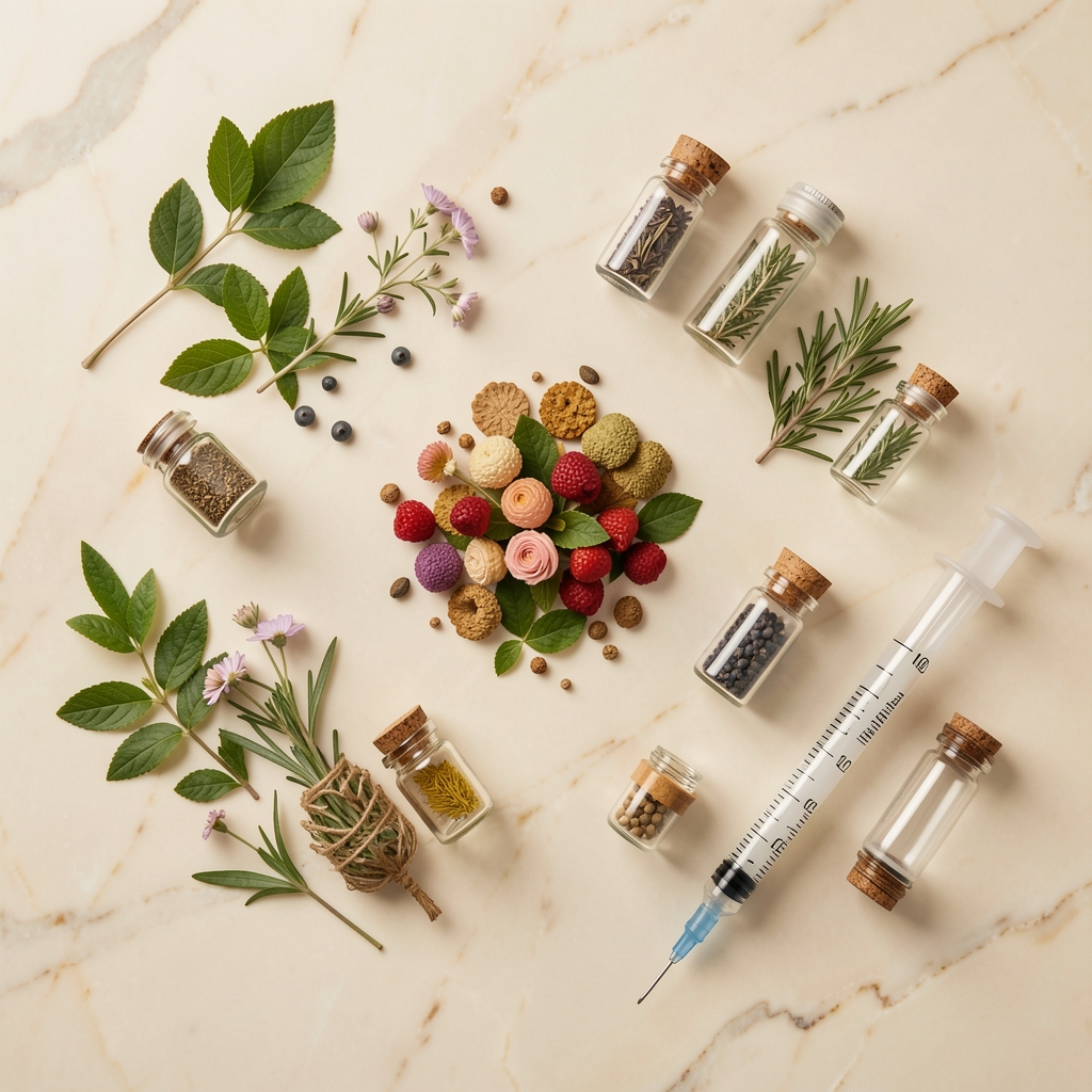 Flat lay of botanical ingredient samples, small glass vials and measuring tools on a pale cream marble surface, overhead editorial photograph