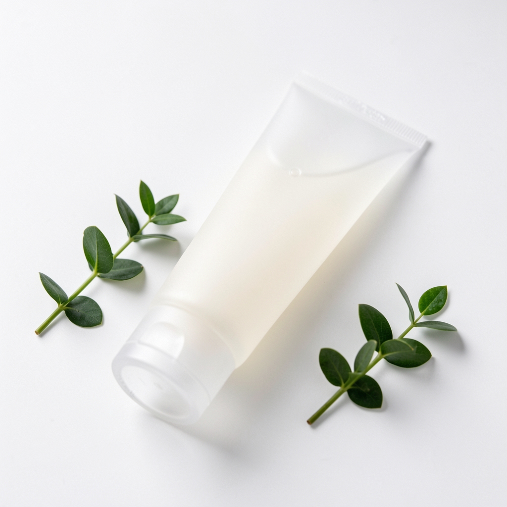 Frosted glass tube of body moisturiser lying on a white surface with small green leaves, clean editorial product photograph