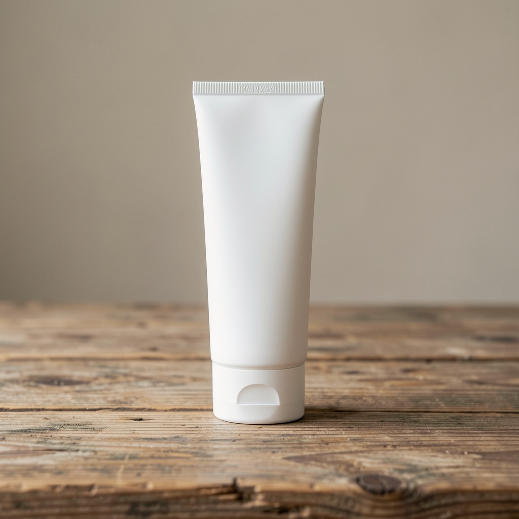 Slim rectangular body moisturiser tube in matte white packaging on aged wood surface, editorial still life with neutral background